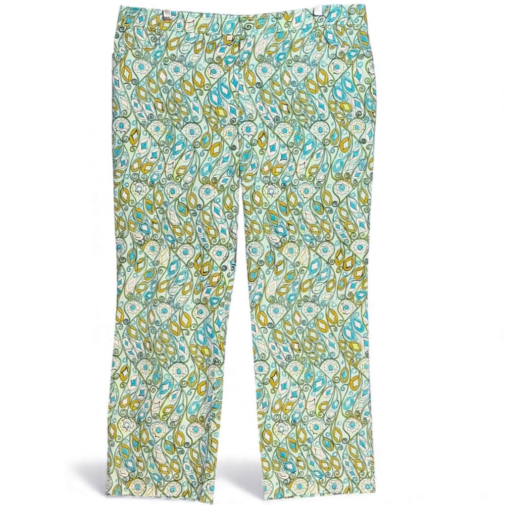 Vintage Doncaster Seafoam Teal Print Cropped Pants Size 14 Stretch Cotton Sateen